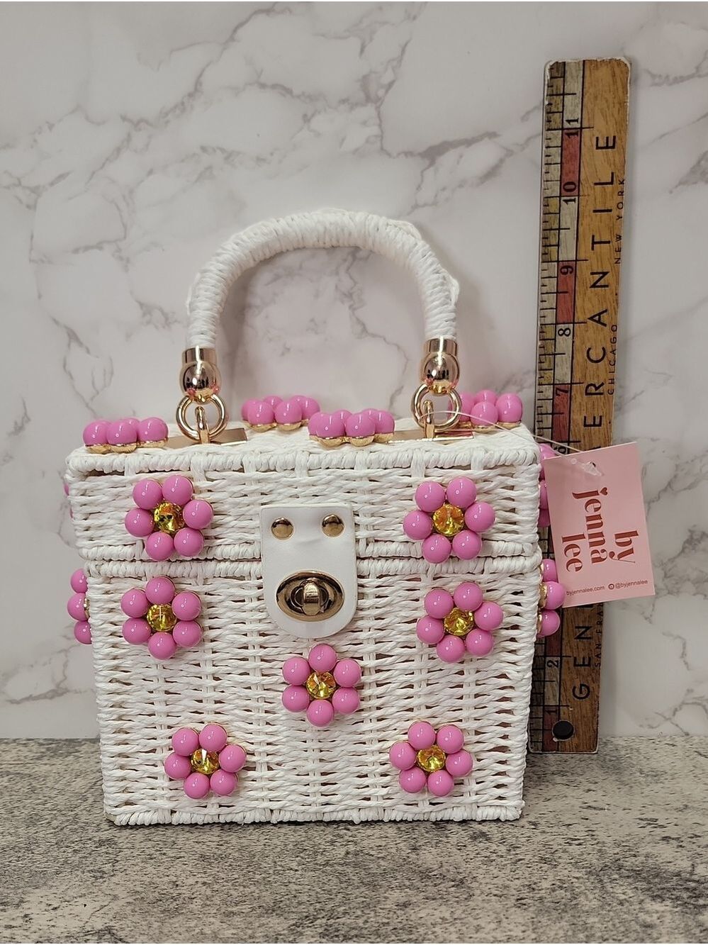 Daisy Embellished Straw Bucket Bag | Rattan Flower Box Purse by Jenna Lee - Picture 12 of 12